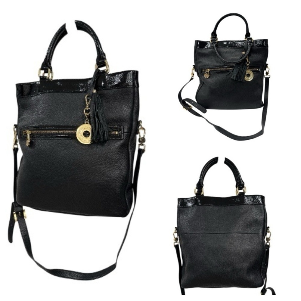 Isaac Mizrahi Live Oversized Black Leather Gold Hardware Shoulder Tote